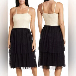 DRESS THE POPULATION Cream sequin KADY w/black tulle skirt cocktail dress size L